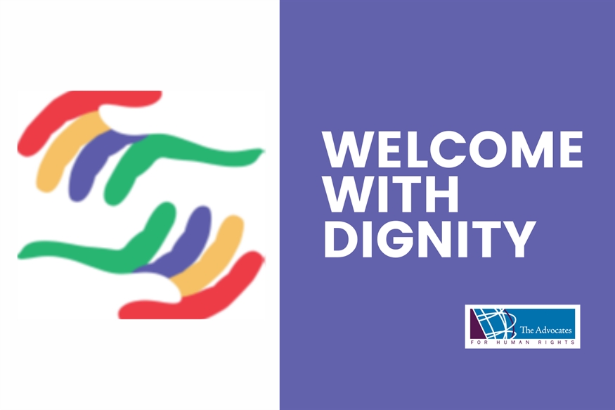 [ai] An abstract image of colorful hands intertwined on the left, with the text 'WELCOME WITH DIGNITY' in bold white letters on the right, alongside a logo for 'The Advocates' at the bottom.